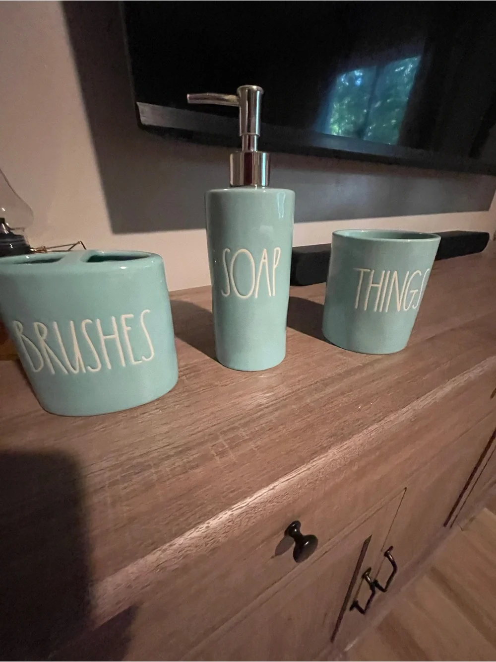 Rae Dunn Aqua Ceramic Bath Accessory Set - Soap, Brushes, Things